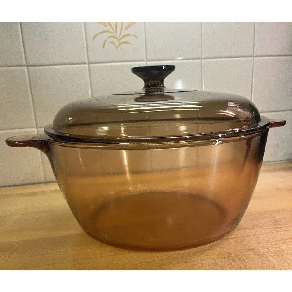 Vtg Corning Ware Visions Amber Glass Cookware 4.5L Dutch Oven Pyrex Lid Like New